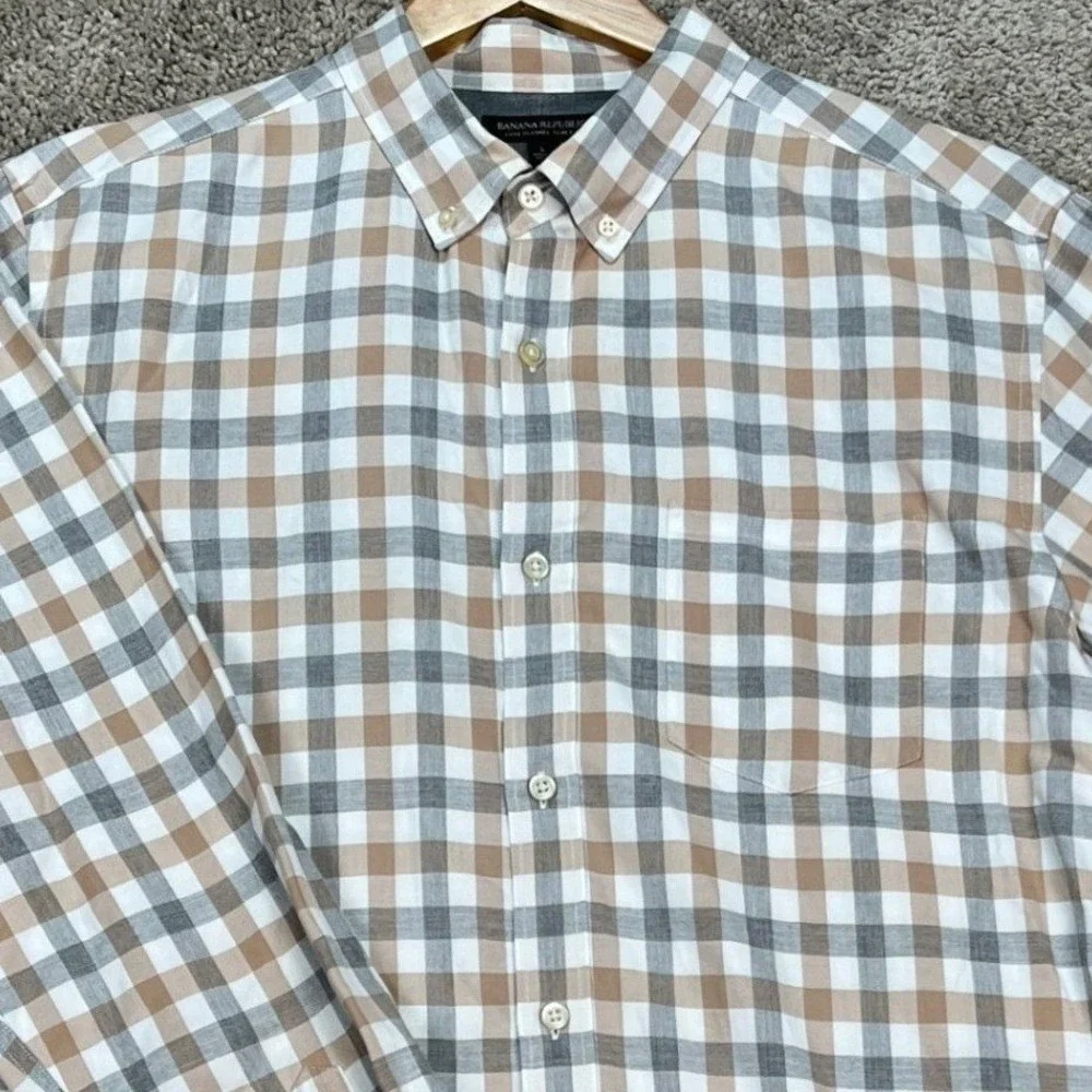 Banana Republic Button Down Shirt Men Large Tan Gray Gingham‎ Flannel Slim Fit